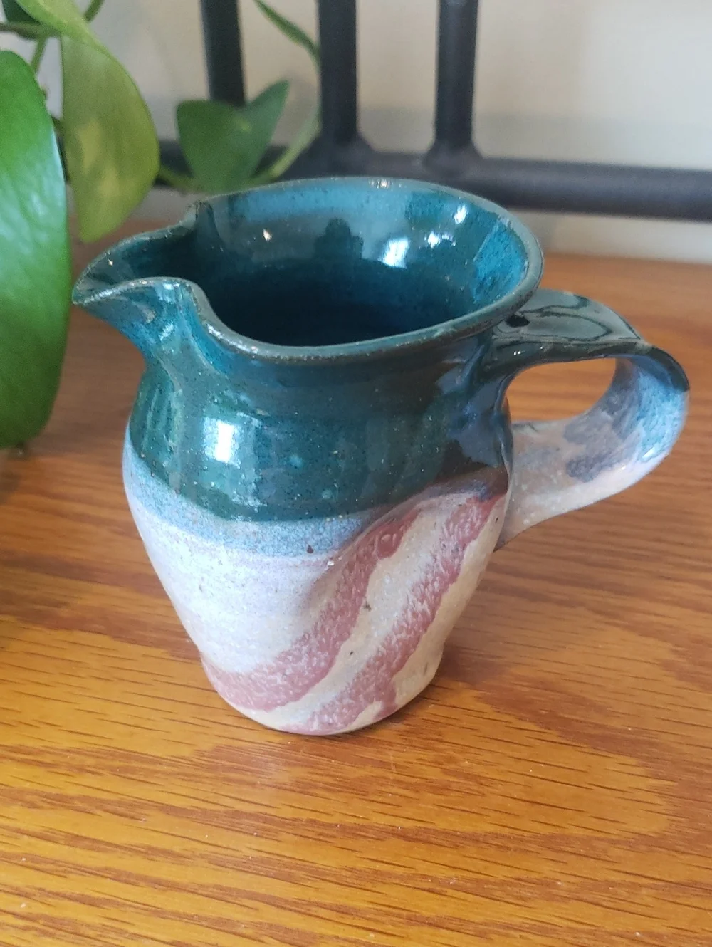 Vtg Handcrafted Stoneware Creamer and Sugar Jar With Spoon - Teal and Cream